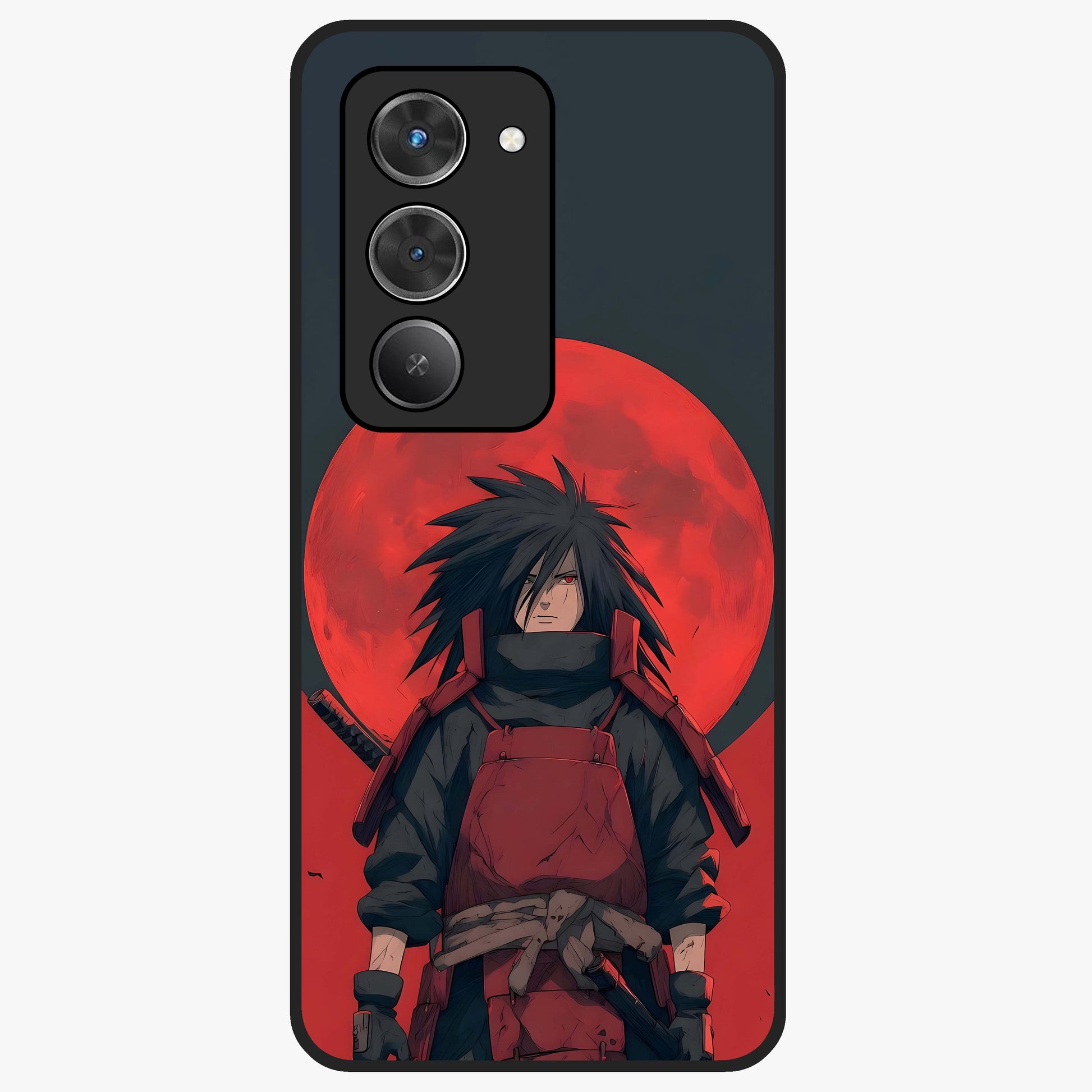Crimson Moon Warlord Glass Case showing flat back view with mystical moon warrior artwork and glossy glass finish.
