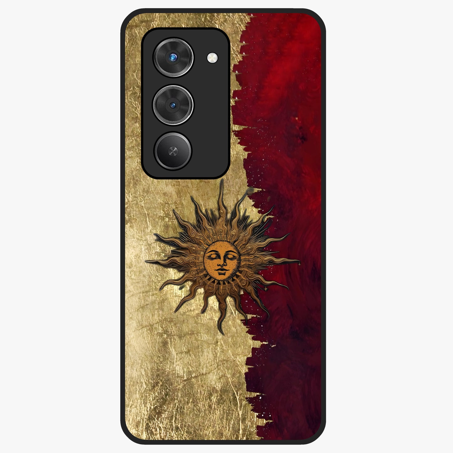 Crimson Sun Majesty Glass Case showing flat back view with radiant sun inspired artwork and glossy glass finish.