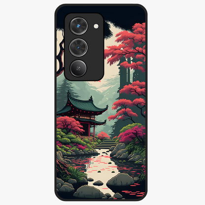 Crimson Temple View Glass Case showing flat back view with temple inspired artwork and glossy glass finish.