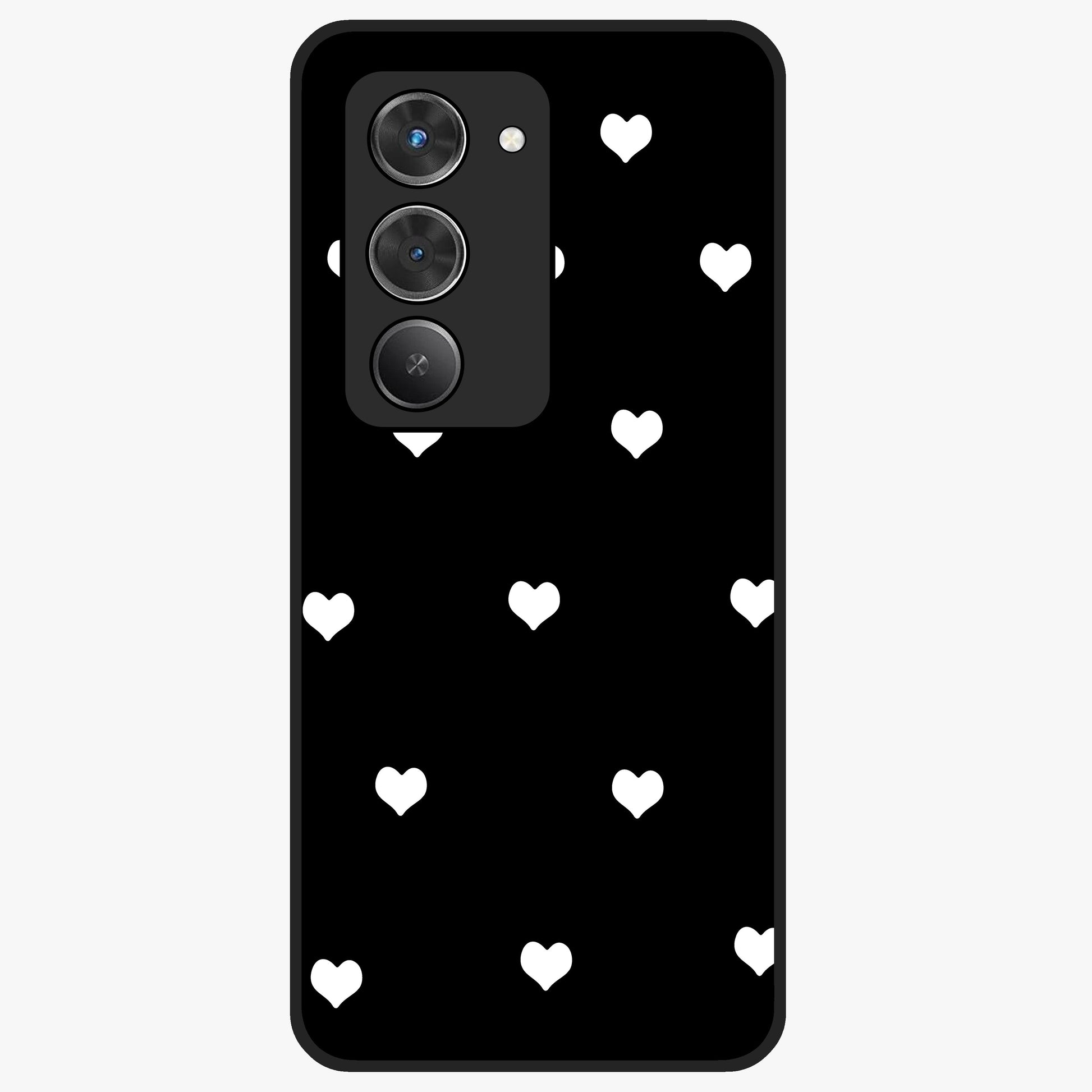 Cute And Simple White Hearts Glass Case showing flat back view with minimal white heart pattern and glossy glass finish.