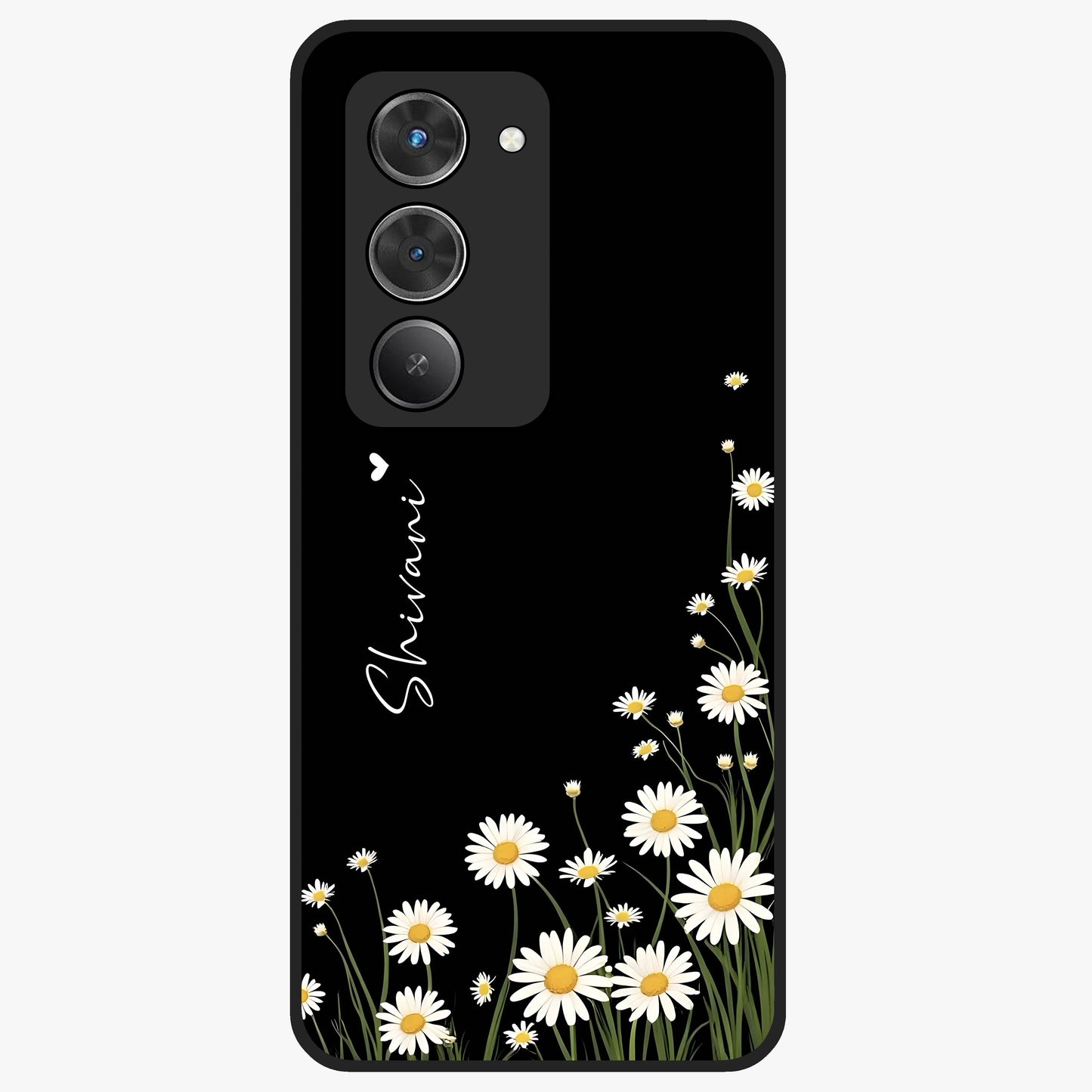 Daisy Cascade Custom Name Glass Case showing flat back view with cascading daisy flowers and personalized name design.