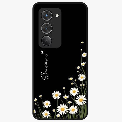 Daisy Cascade Custom Name Glass Case showing flat back view with cascading daisy flowers and personalized name design.