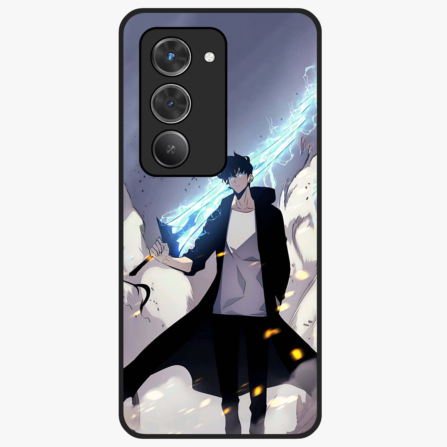 Dark Lightning Anime Warrior Glass Case showing flat back view with intense anime warrior artwork and glossy glass finish.