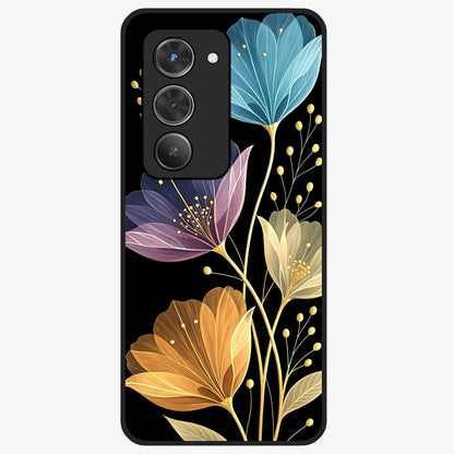 Delicate Multicolor Flowers Glass Case showing flat back view with vibrant floral artwork and glossy glass finish.