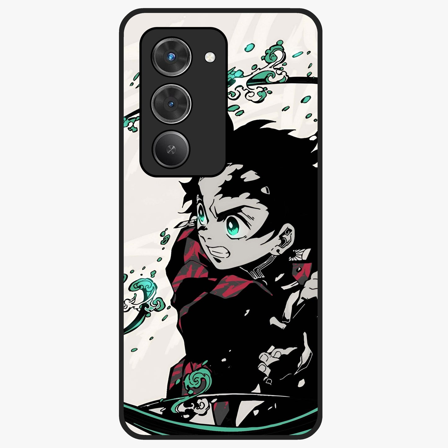 Demon Slayer Glass Case showing flat back view with bold anime inspired artwork and glossy glass finish.