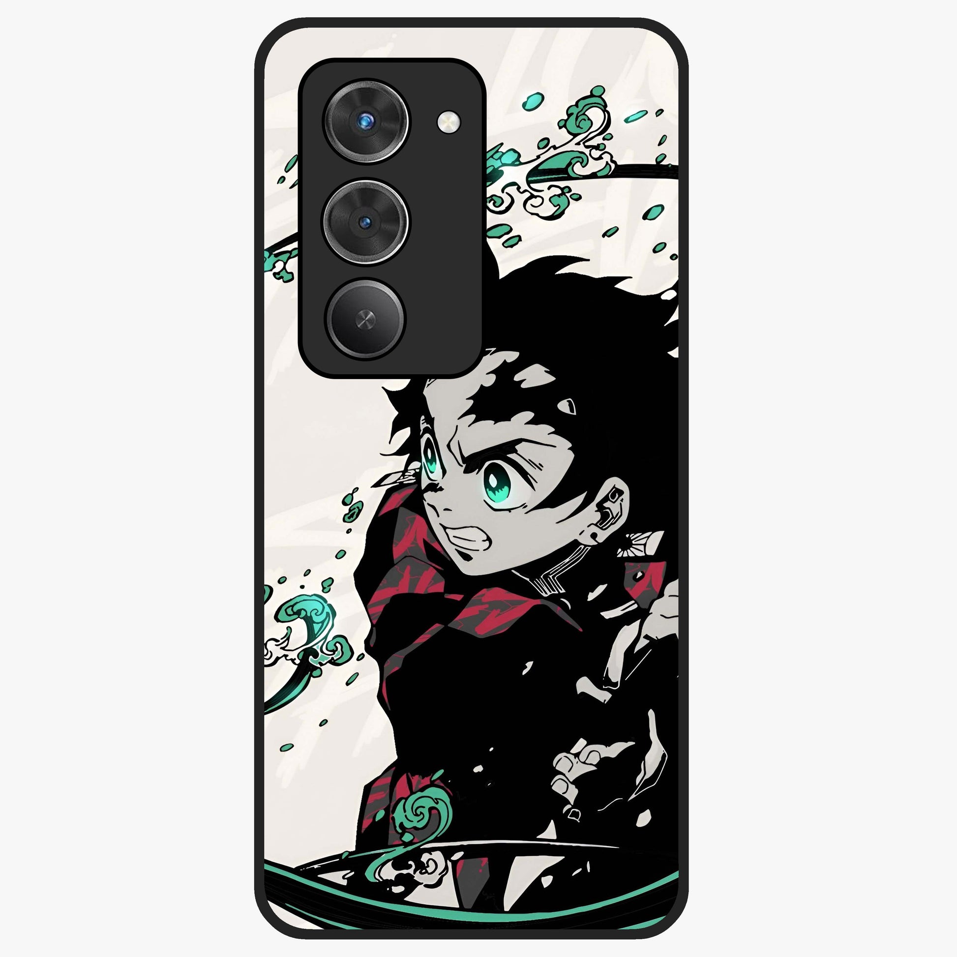 Demon Slayer Glass Case showing flat back view with bold anime inspired artwork and glossy glass finish.