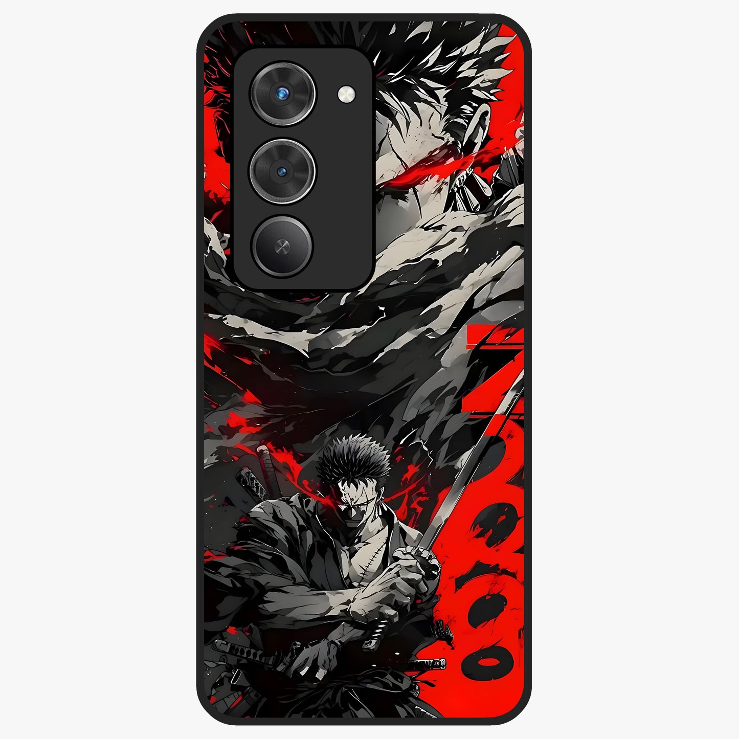 Demon Sword Resolve Glass Case showing flat back view with fierce sword warrior artwork and glossy glass finish.