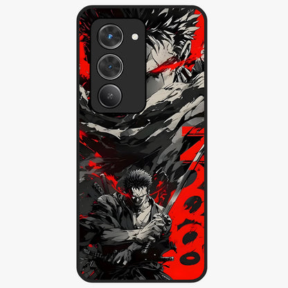Demon Sword Resolve Glass Case showing flat back view with fierce sword warrior artwork and glossy glass finish.
