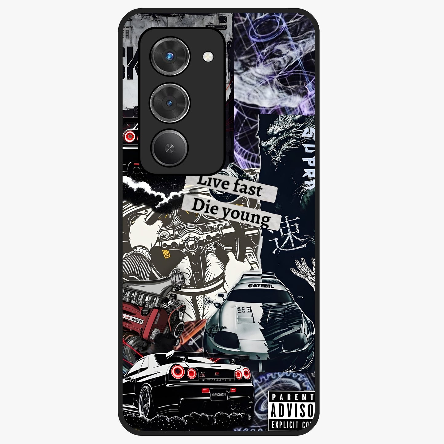 Die Young Glass Case showing flat back view with bold artistic typography design and glossy glass finish.