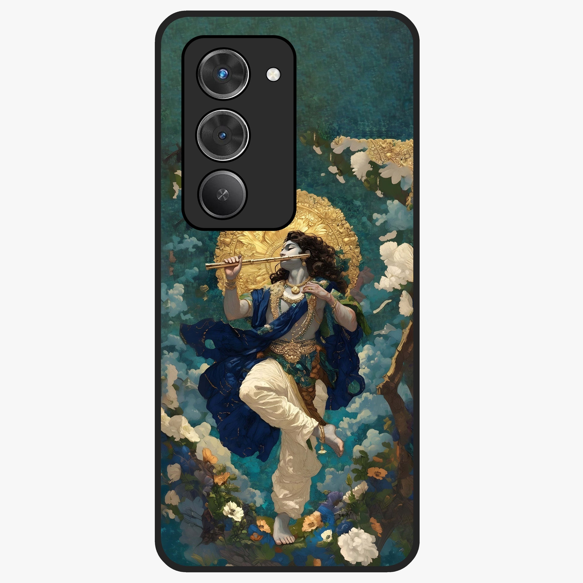 Divine Krishna Art Glass Case showing flat back view with Lord Krishna artwork and glossy glass finish.