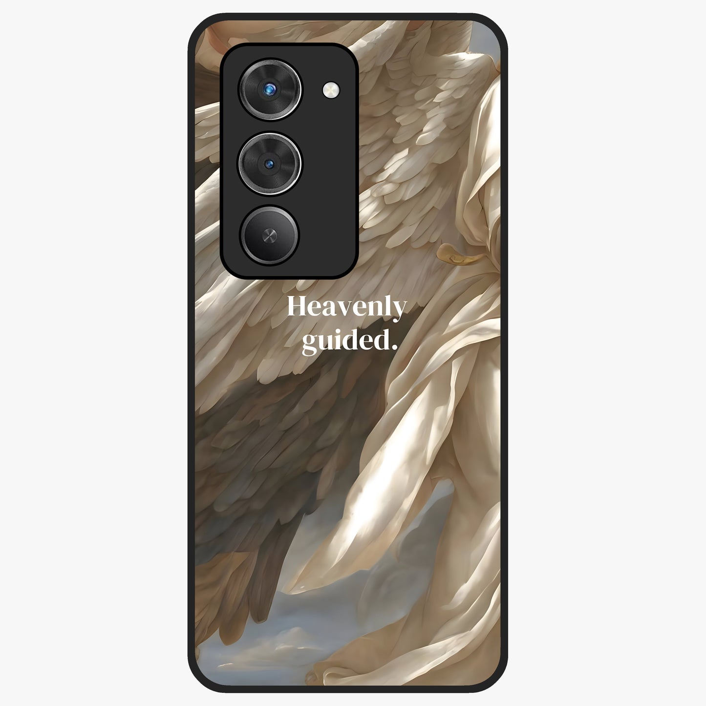 Divine Winged Grace Glass Case showing flat back view with elegant wing inspired artwork and glossy glass finish.