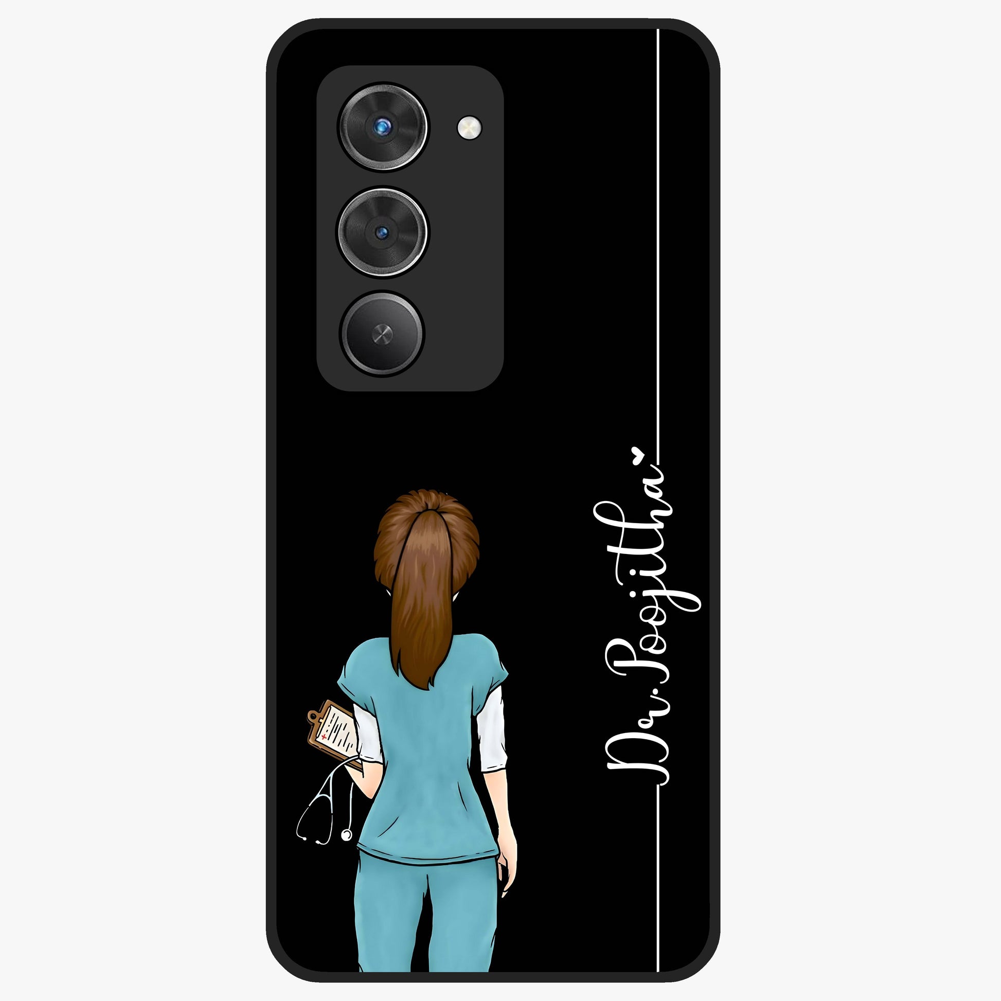 Doctor Pattern Custom Name Glass Case showing flat back view with medical themed pattern and personalized name design.