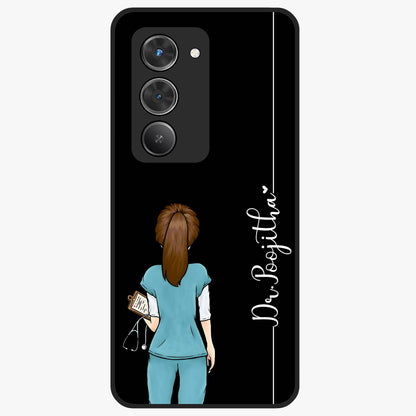 Doctor Pattern Custom Name Glass Case showing flat back view with medical themed pattern and personalized name design.