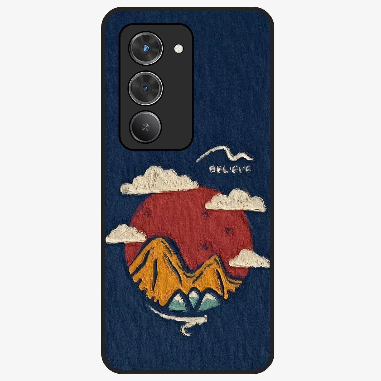 Dream Beyond Mountains Glass Case showing flat back view with scenic mountain landscape artwork and glossy glass finish.