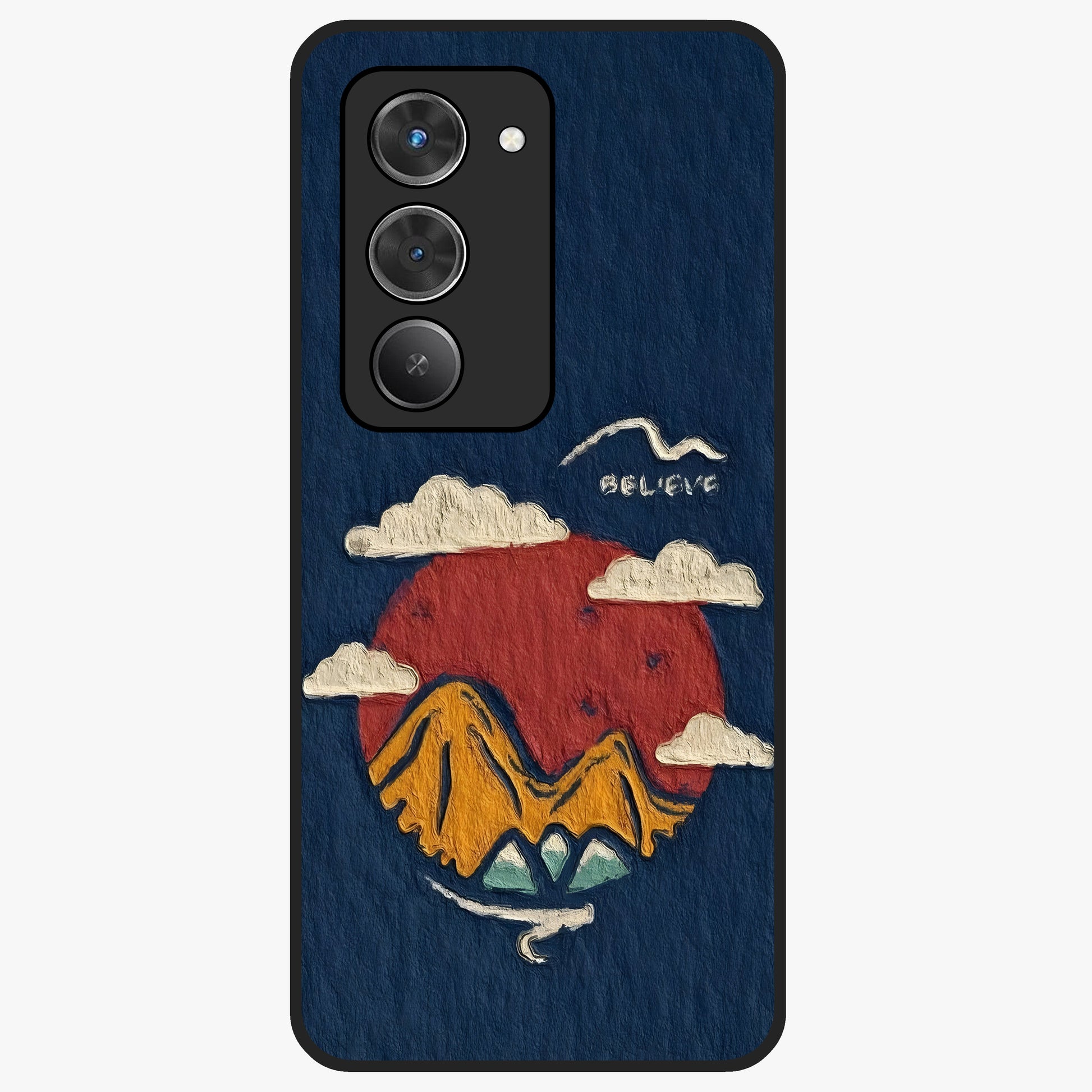 Dream Beyond Mountains Glass Case showing flat back view with scenic mountain landscape artwork and glossy glass finish.