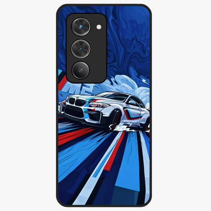 Drift Power Rush Glass Case showing flat back view with dynamic racing inspired artwork and glossy glass finish.