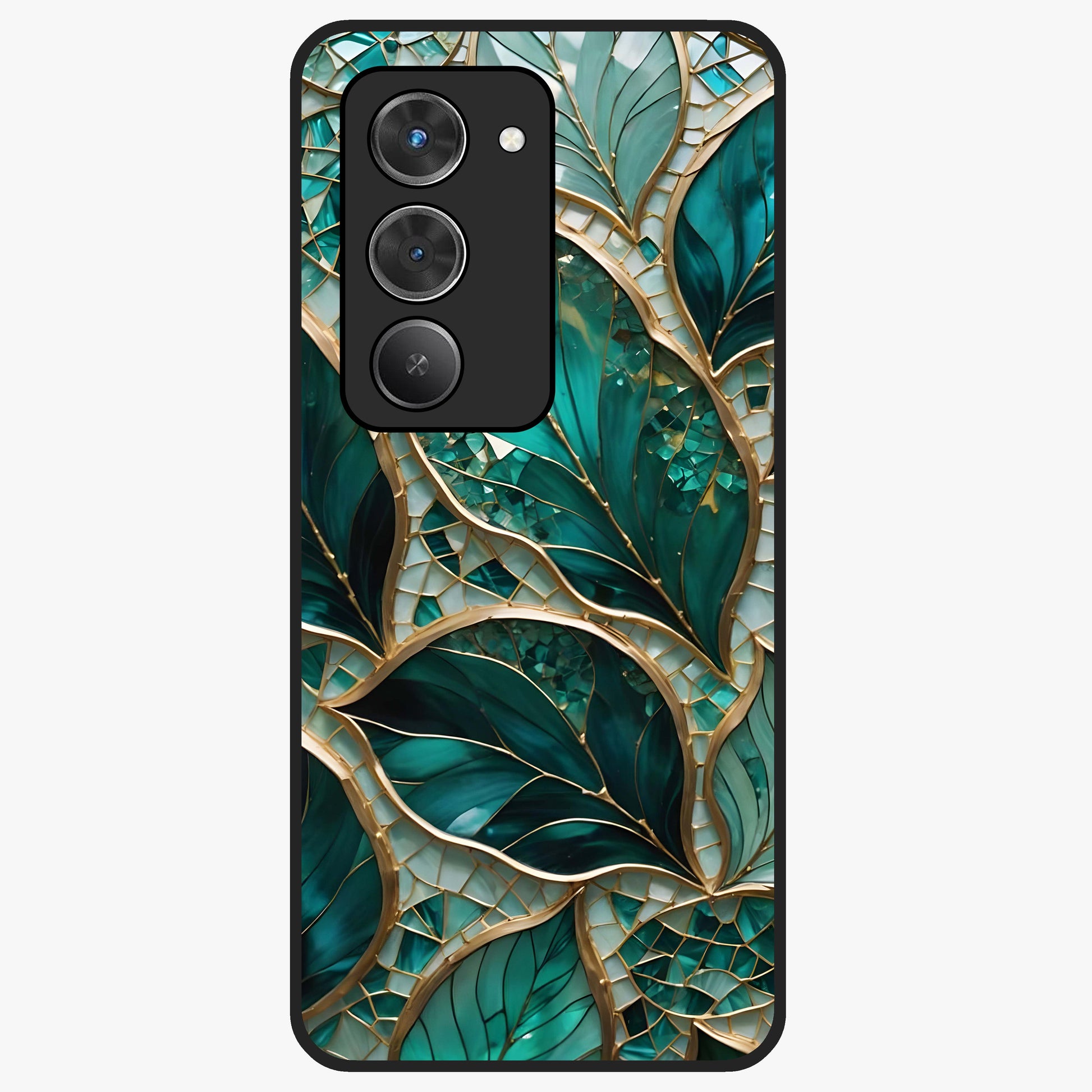 Emerald Leaf Glass Glass Case showing flat back view with emerald green leaf artwork and glossy glass finish.