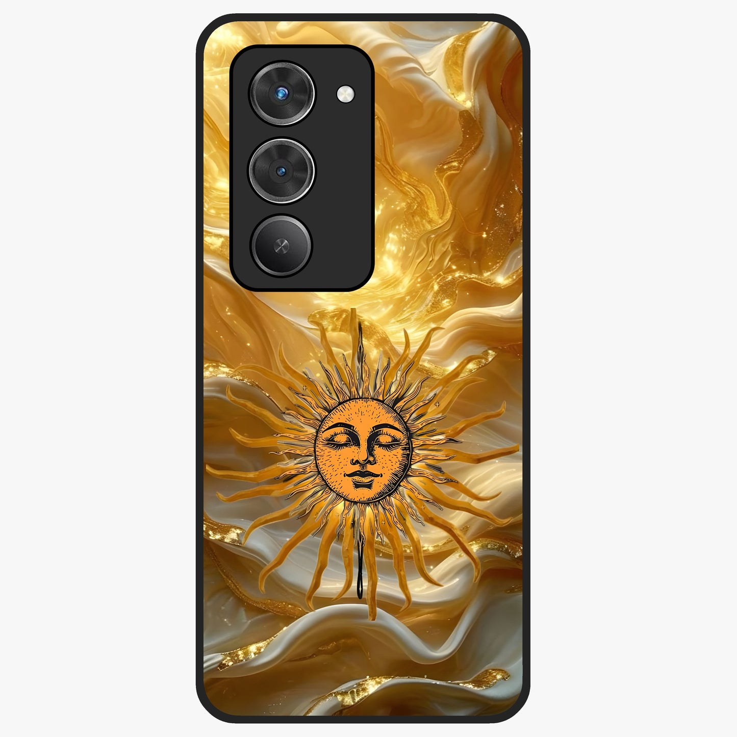Eternal Golden Glow Glass Case showing flat back view with radiant golden themed artwork and glossy glass finish.