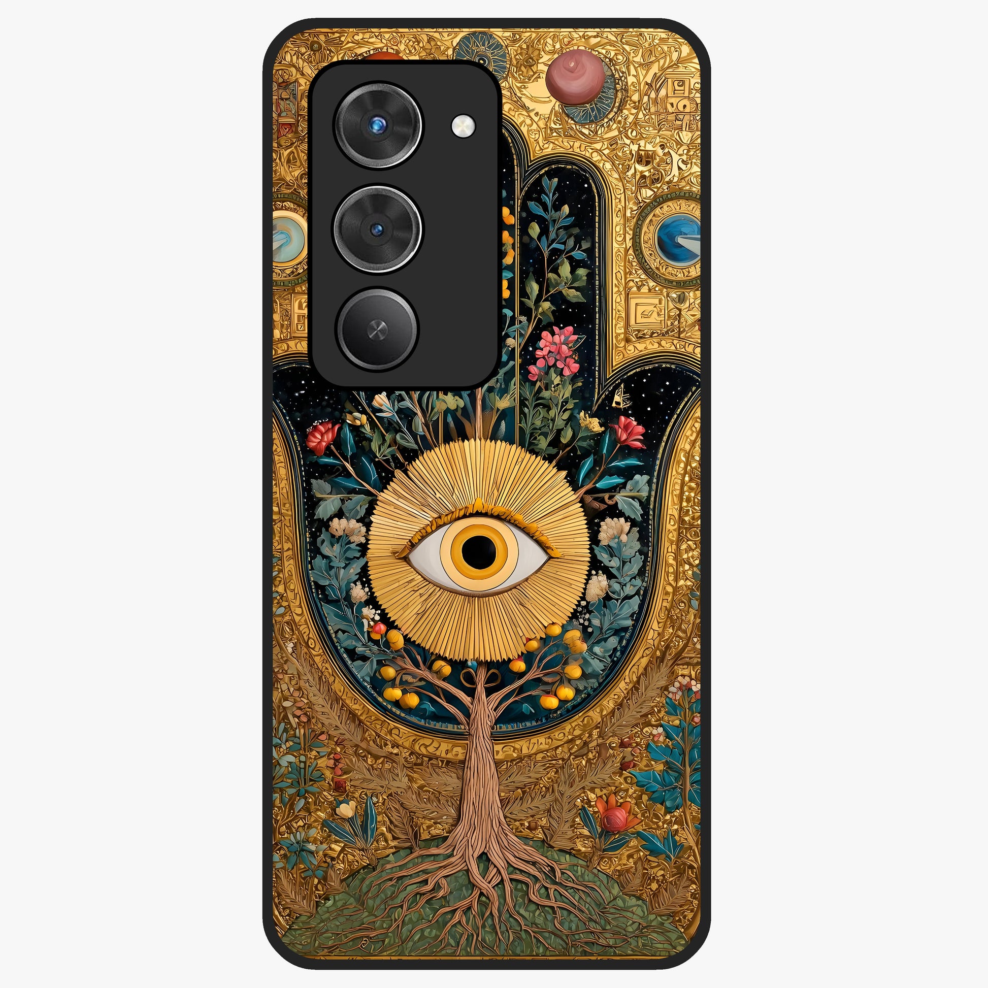 Ethereal Evil Eye Glass Case showing flat back view with mystical evil eye artwork and glossy glass finish.