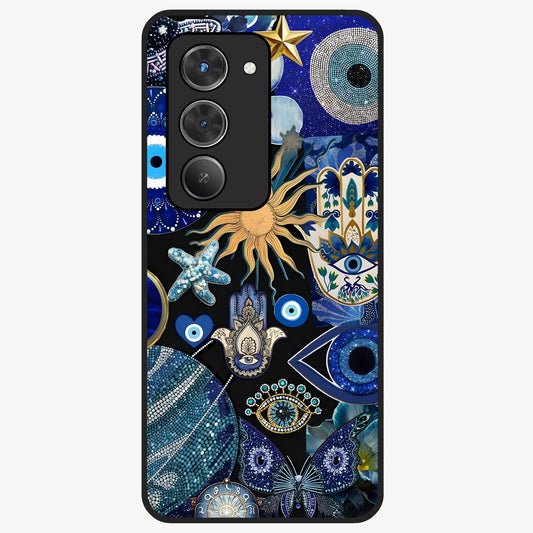 Evil Eye Charm Mix Glass Case showing flat back view with multiple evil eye charms artwork and glossy glass finish.