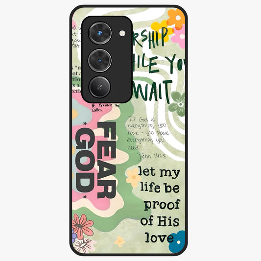 Faith Over Fear Glass Case showing flat back view with motivational typography artwork and glossy glass finish.