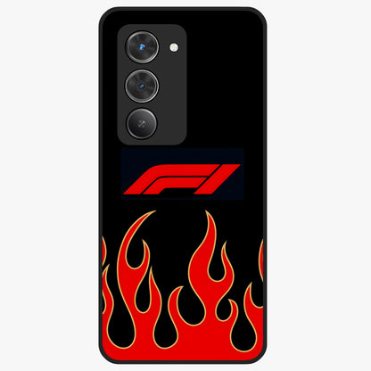 Fire F11 Glass Case showing flat back view with fiery themed artwork and glossy glass finish.