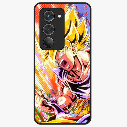 Firing Goku Glass Case showing flat back view with powerful anime inspired artwork and glossy glass finish.