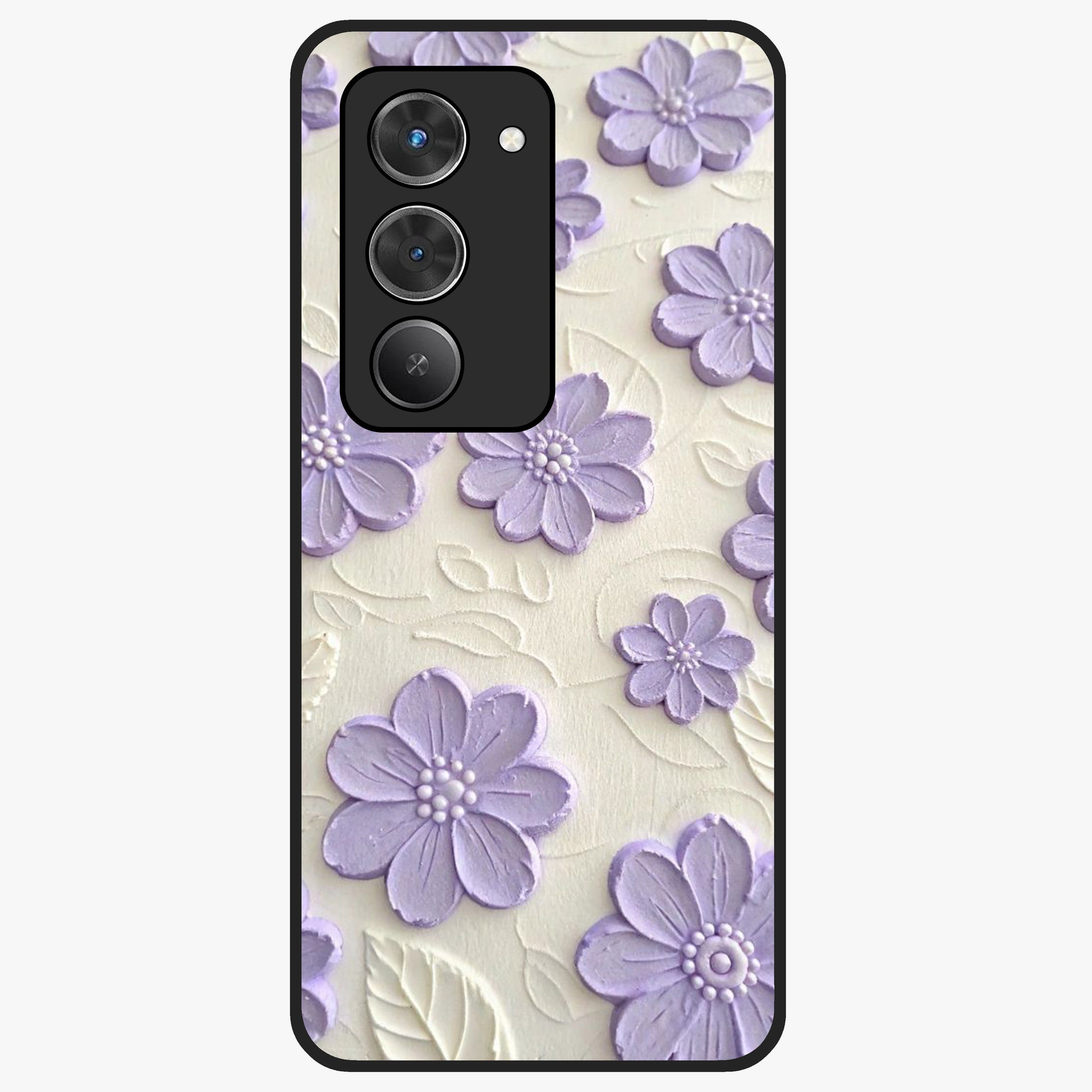 Floral Wall Art With Purple Flowers Glass Case showing flat back view with purple flower artwork and glossy glass finish.