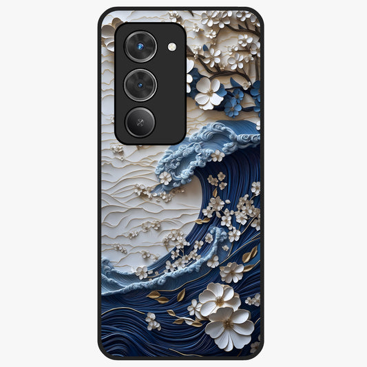 Floral Wave Origami Glass Case showing flat back view with origami inspired floral wave artwork and glossy glass finish.