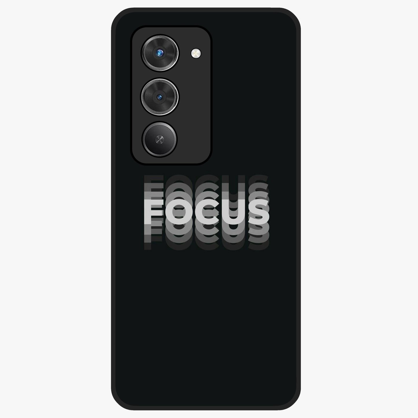 Focus Mode On Glass Case showing flat back view with bold motivational typography design and glossy glass finish.