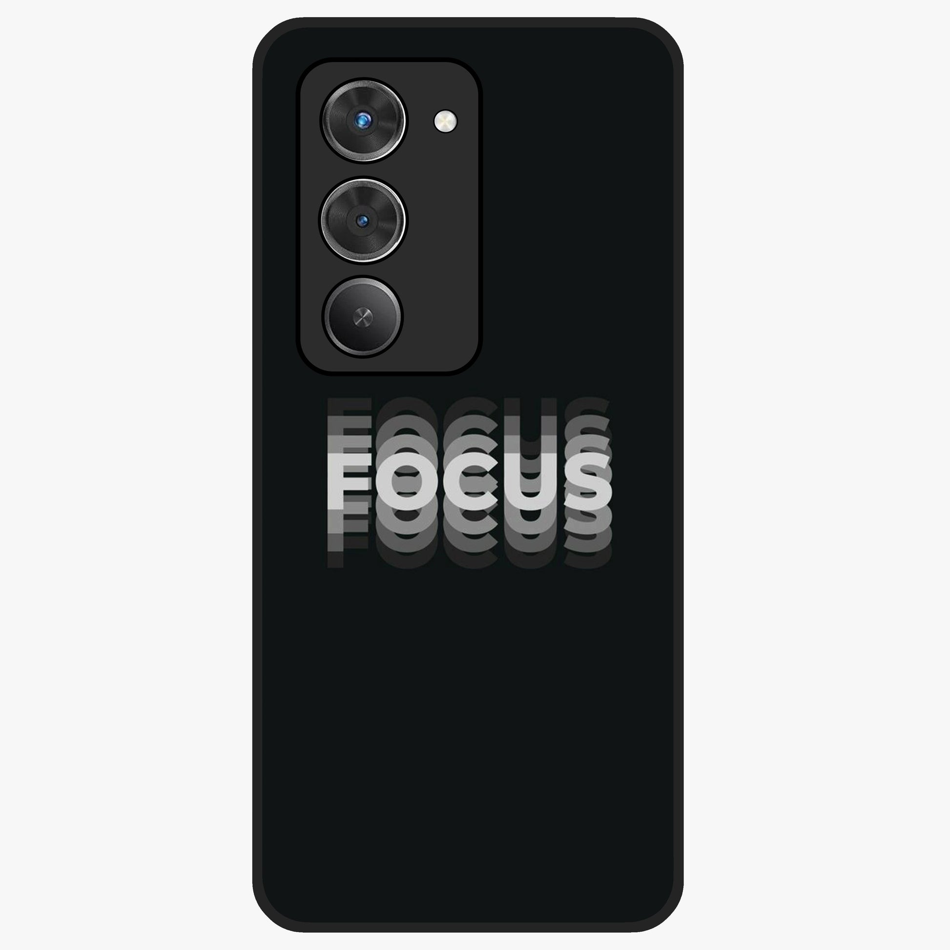Focus Mode On Glass Case showing flat back view with bold motivational typography design and glossy glass finish.