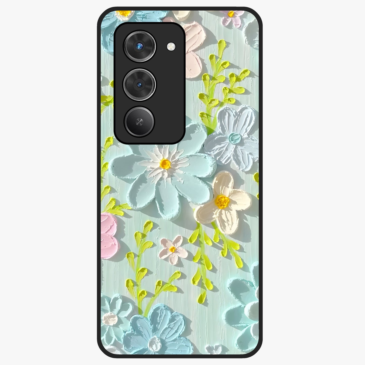 Frosted Petal Garden Glass Case showing flat back view with soft frosted floral artwork and glossy glass finish.