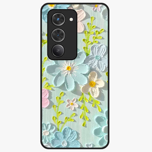 Frosted Petal Garden Glass Case showing flat back view with soft frosted floral artwork and glossy glass finish.