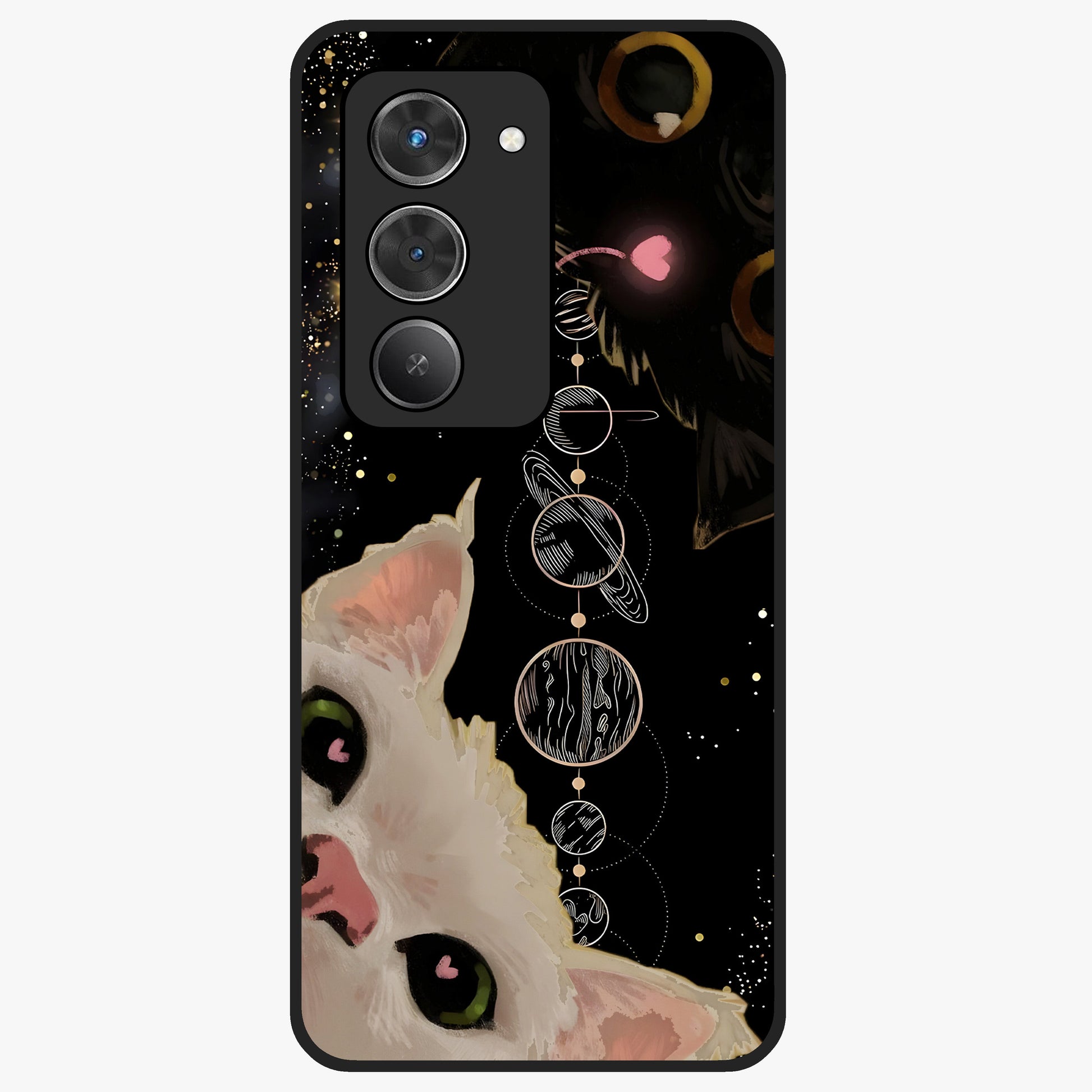 Galactic Cat Glass Case showing flat back view with cosmic cat artwork and glossy glass finish.