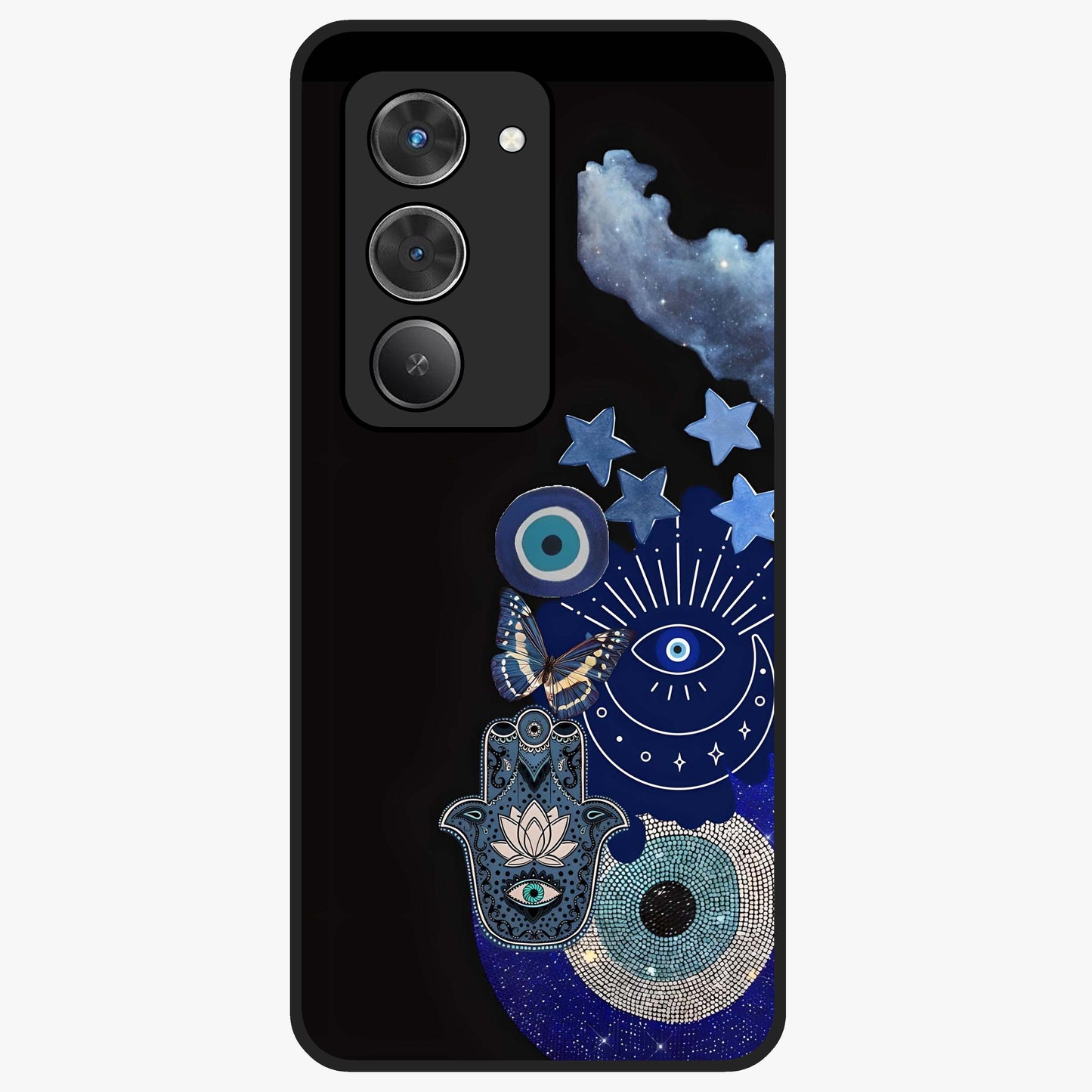 Galactic Charm Cluster Glass Case showing flat back view with glowing celestial charm artwork and glossy glass finish.
