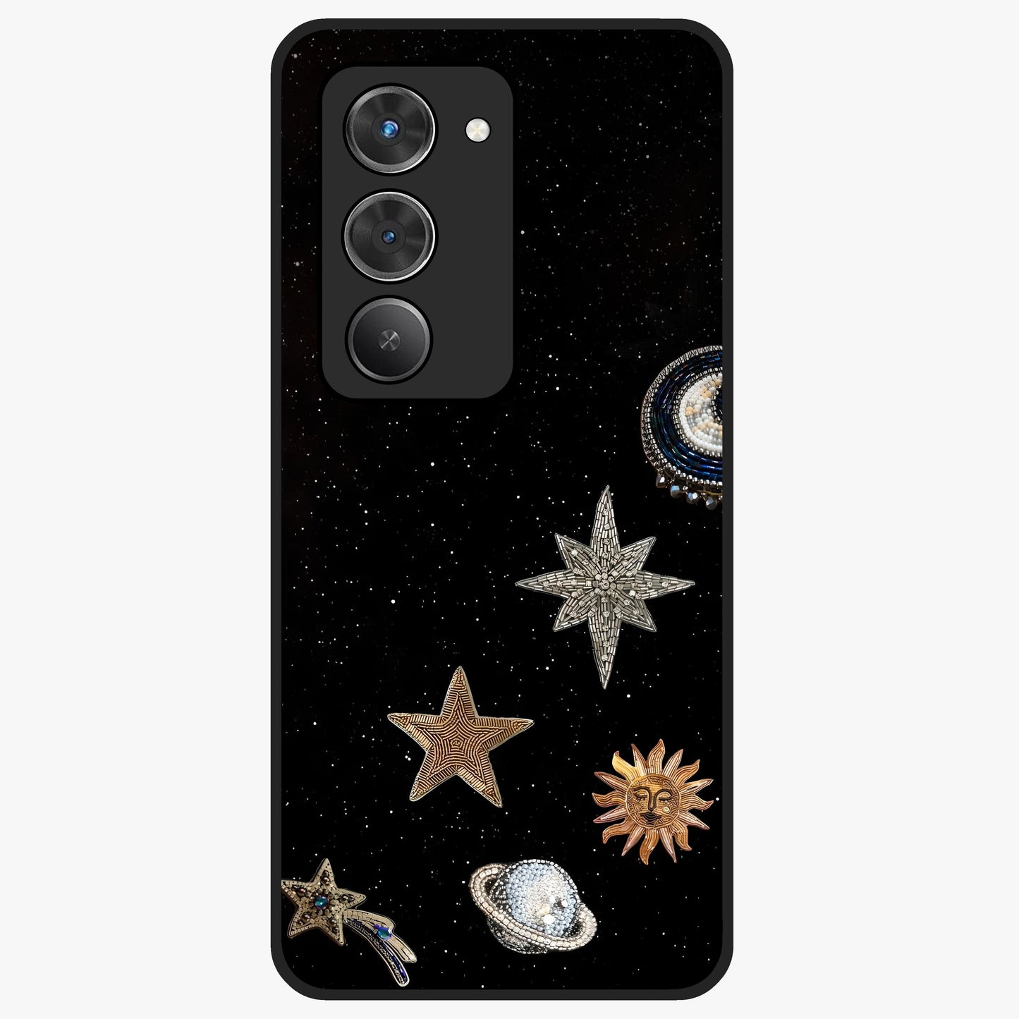 Galactic Charm Glow Glass Case showing flat back view with glowing celestial charm artwork and glossy glass finish.