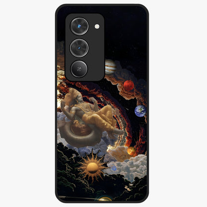 Galactic Divine God Glass Case showing flat back view with divine cosmic themed artwork and glossy glass finish.