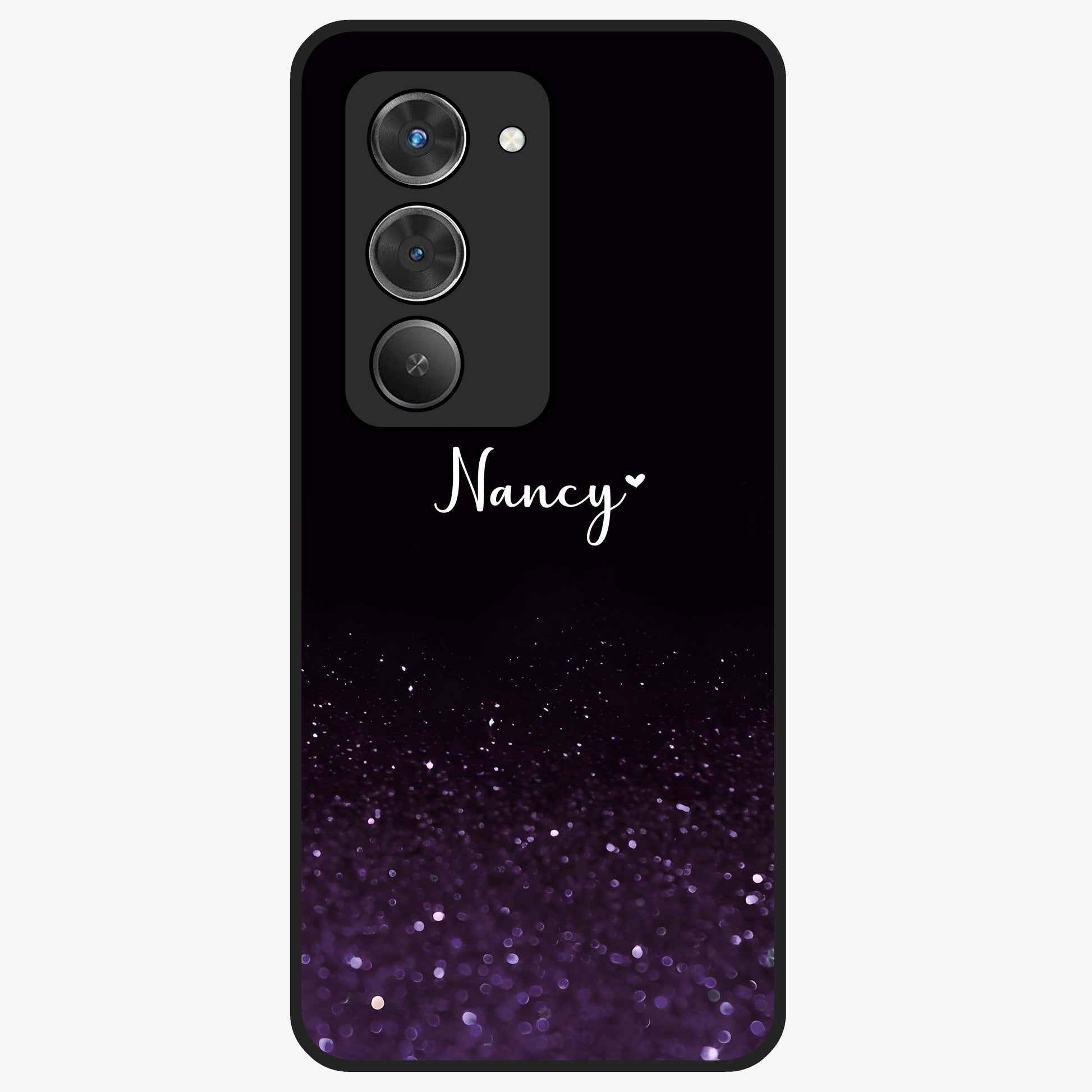 Glittery Purple Bokeh Custom Name Glass Case showing flat back view with purple bokeh sparkle artwork and personalized name design.