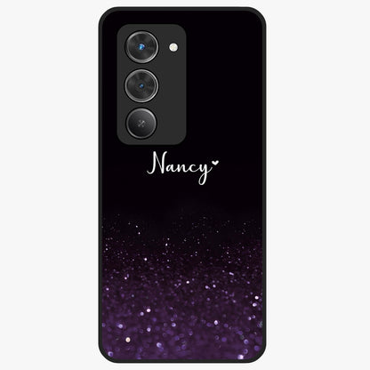 Glittery Purple Bokeh Custom Name Glass Case showing flat back view with purple bokeh sparkle artwork and personalized name design.