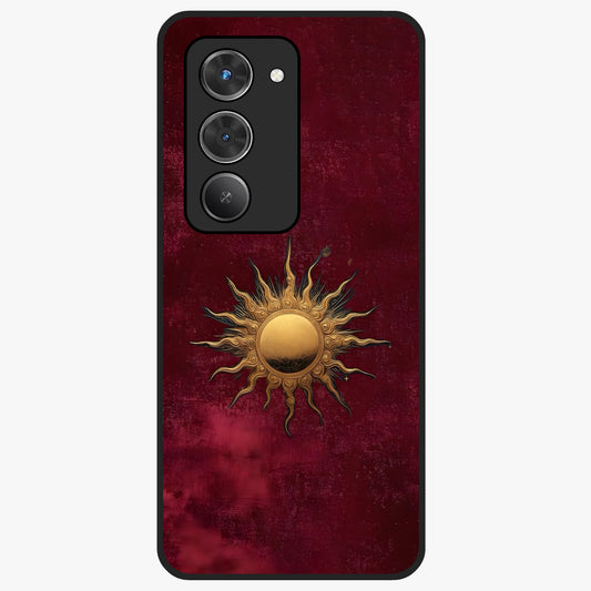 Gold Sun Blush Glass Case showing flat back view with golden sun inspired artwork and glossy glass finish.