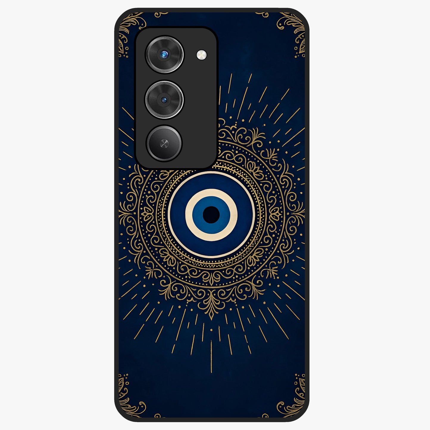 Golden Evil Eye Mandala Glass Case showing flat back view with intricate evil eye mandala artwork and glossy glass finish.