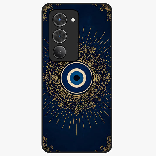 Golden Evil Eye Mandala Glass Case showing flat back view with intricate evil eye mandala artwork and glossy glass finish.