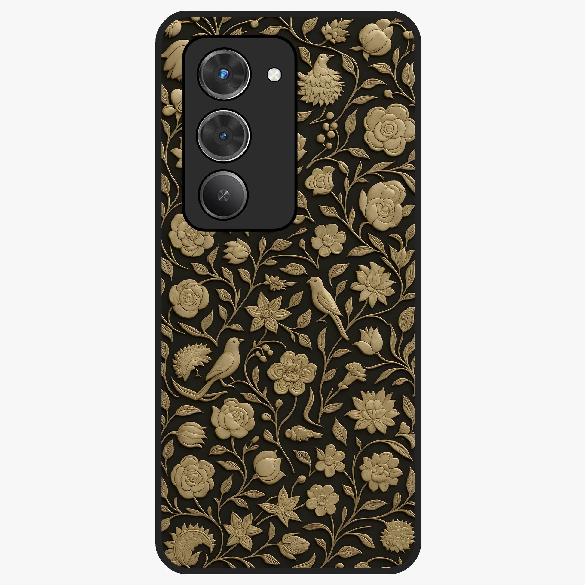 Golden Floral Majesty Glass Case showing flat back view with luxurious golden floral artwork and glossy glass finish.