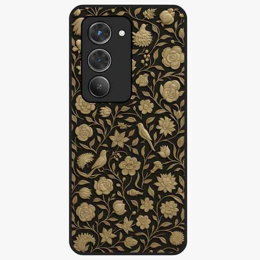 Golden Floral Majesty Glass Case showing flat back view with luxurious golden floral artwork and glossy glass finish.