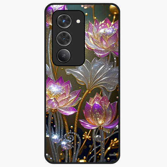 Golden Lotus Glow Glass Case showing flat back view with glowing lotus flower artwork and glossy glass finish.
