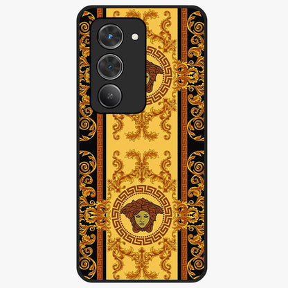 Golden Royal Heritage Glass Case showing flat back view with ornate royal pattern artwork and glossy glass finish.