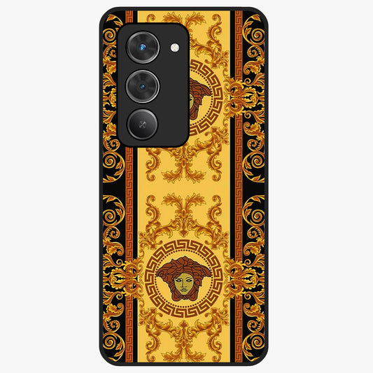 Golden Royal Heritage Glass Case showing flat back view with ornate royal pattern artwork and glossy glass finish.