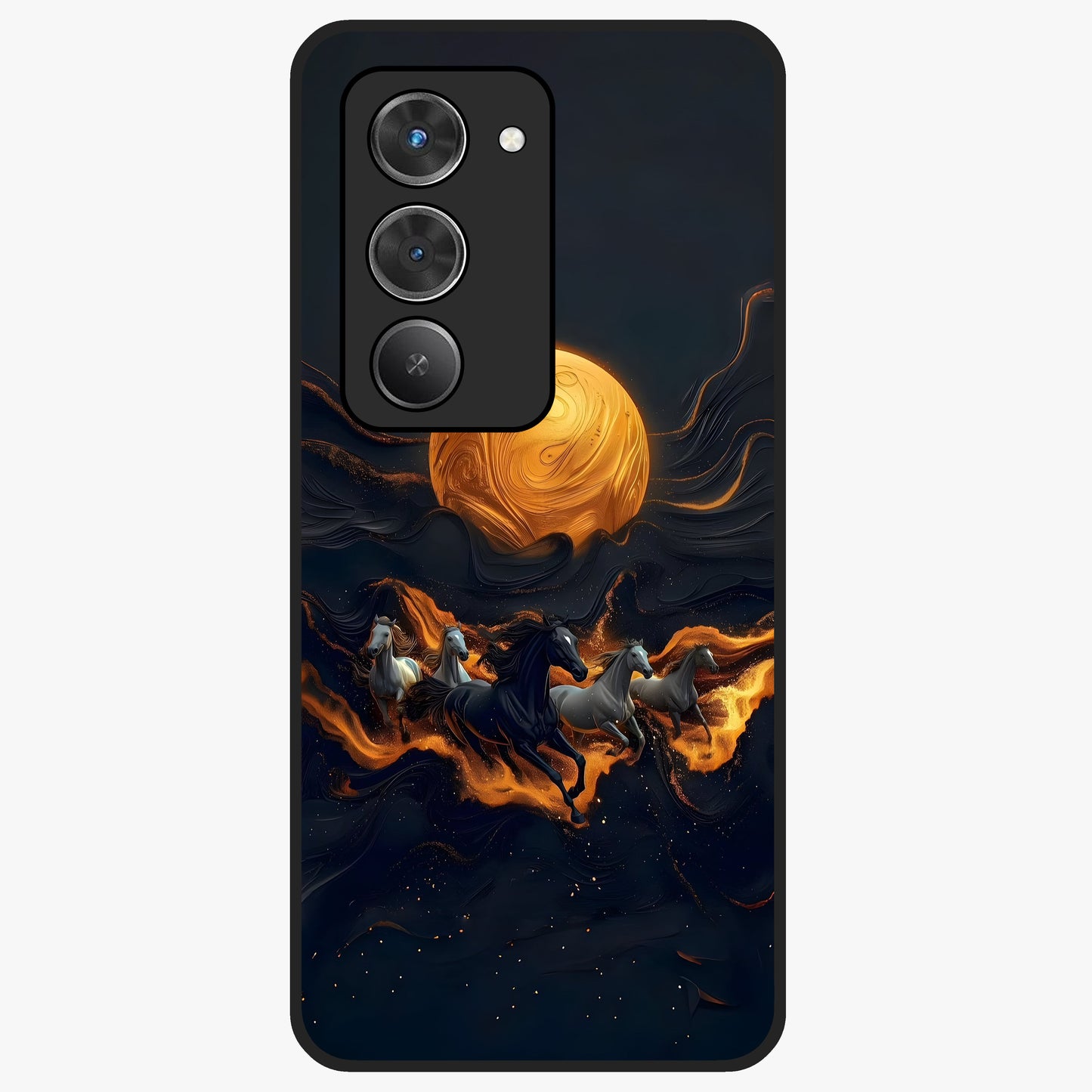 Golden Stallion Moonride Glass Case showing flat back view with majestic horse under moonlight artwork and glossy glass finish.