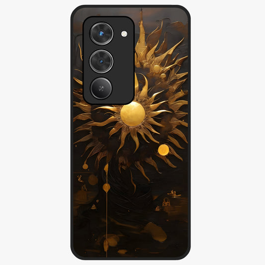 Golden Sun Majesty Glass Case showing flat back view with radiant golden sun artwork and glossy glass finish.