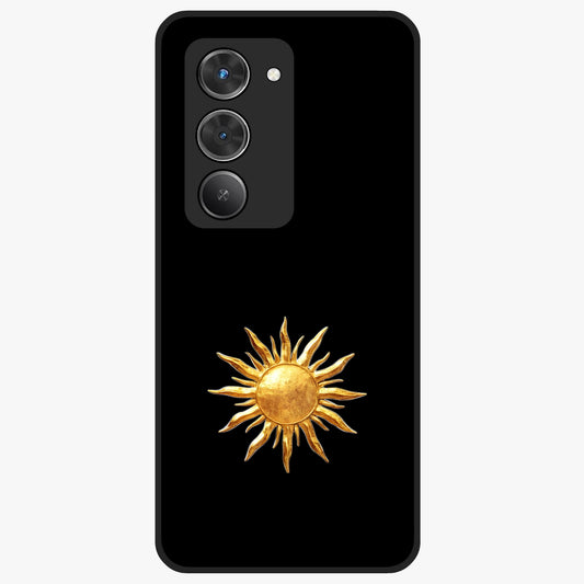 Golden Sun Minimalism Glass Case showing flat back view with minimal golden sun artwork and glossy glass finish.